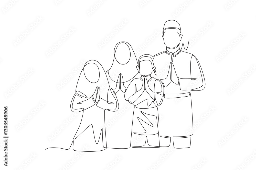 Family celebrating Eid al-Fitr. Family in eid al fitr concept one-line drawing Family celebrating Eid al-Fitr. Family in eid al fitr concept one-line drawing