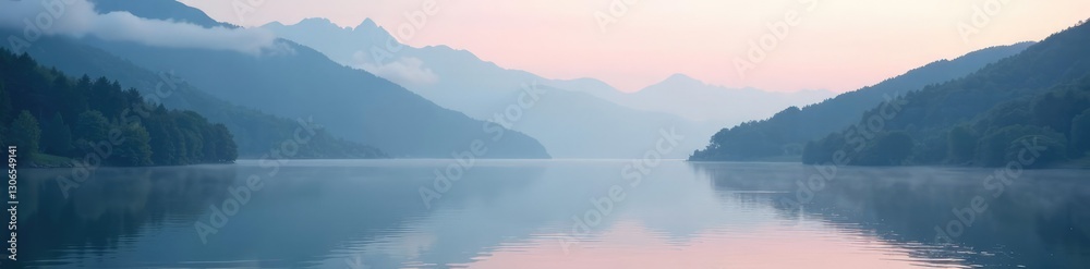 Fototapeta premium Fog creeps up foothills beside calm lake surface, slope, serenity, natural