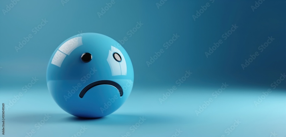 Sad blue emoticon sphere on gradient background expressing negative emotions, bad feelings. Depressed mood icon with frowning face, symbol of solitude, loneliness, reflection. Round plastic 3D Sad blue emoticon sphere on gradient background expressing negative emotions, bad feelings. Depressed mood icon with frowning face, symbol of solitude, loneliness, reflection. Round plastic 3D