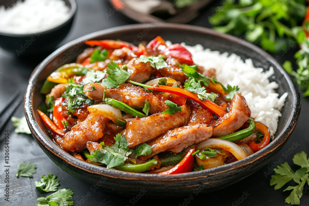 Fried pork in spicy sauce with vegetables, served with rice and herbs Fried pork in spicy sauce with vegetables, served with rice and herbs