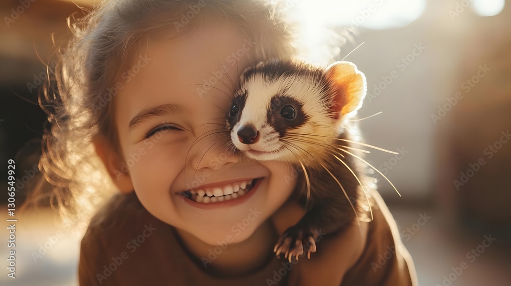 Joyful child smiling while holding a ferret in a sunlit room, capturing a moment of happiness and companionship Joyful child smiling while holding a ferret in a sunlit room, capturing a moment of happiness and companionship
