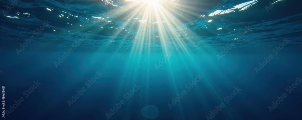 Obraz premium Dark blue surface, sunlight dappled, underwater view, visual, exploration