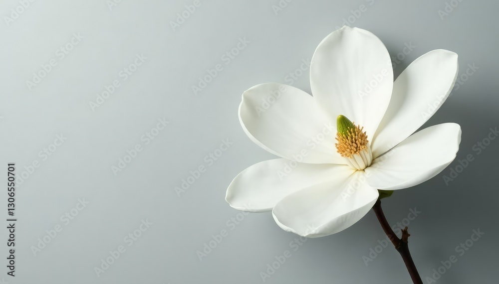 Large white magnolia flower against a soft grey background, white flowers, magnolia flower, botanicals Large white magnolia flower against a soft grey background, white flowers, magnolia flower, botanicals