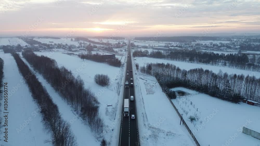 Winter aerial with frozen fields and sunset Winter aerial with frozen fields and sunset