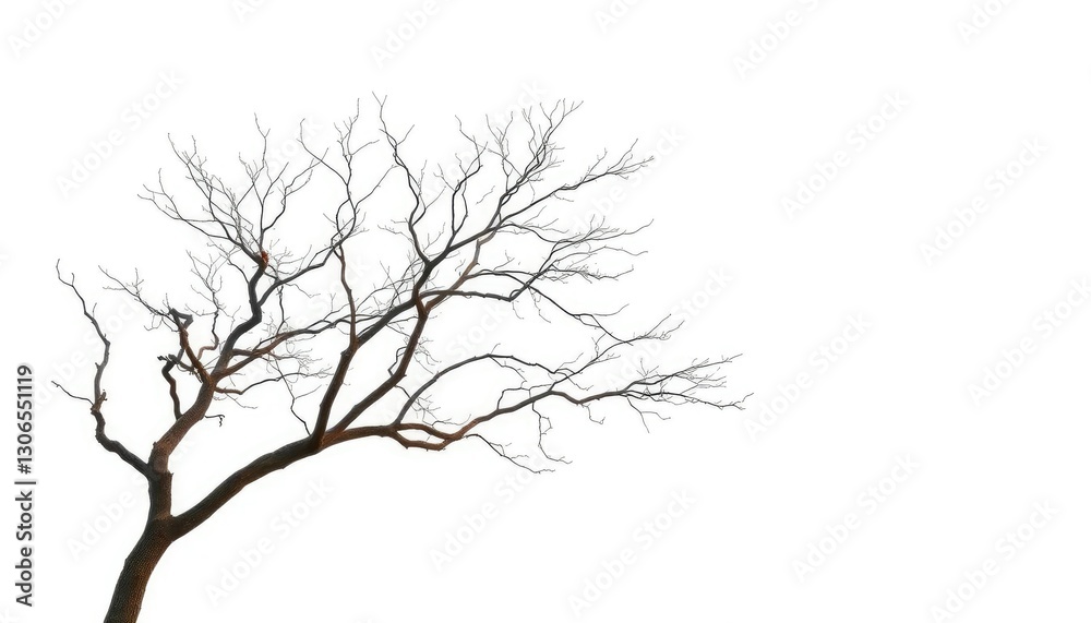 Lone deciduous tree, stark branches against pure white, seasonal, nature Lone deciduous tree, stark branches against pure white, seasonal, nature
