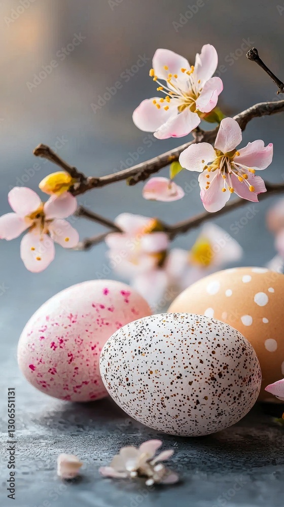 Obraz premium Delicate Easter eggs with blossoms on muted canvas