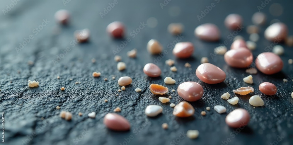 Pearls and shell fragments scattered across a gray slate surface, pearl beads, serenity, calmness Pearls and shell fragments scattered across a gray slate surface, pearl beads, serenity, calmness