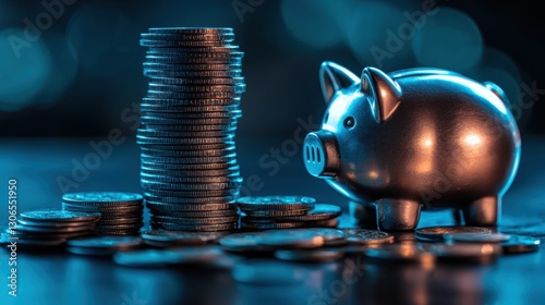 A symbolic image of personal finance management, with stacks of neatly arranged coins growing in height next to a glowing piggy bank, representing savings and smart budgeting photo