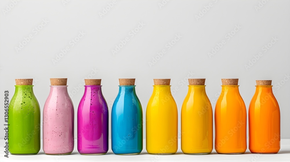 Colorful Bottles of Smoothies in a Row on White Background