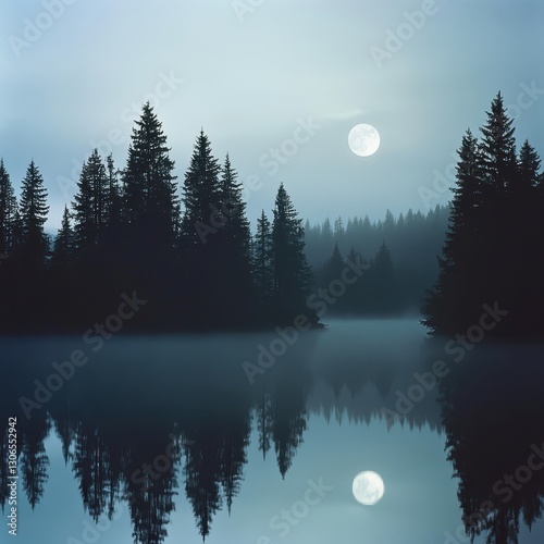 A luminous full moon reflecting over a still lake, mist hovering above the water, surrounded by towering pine trees glowing in the silver light ar 16:9 v 6.1 q 2