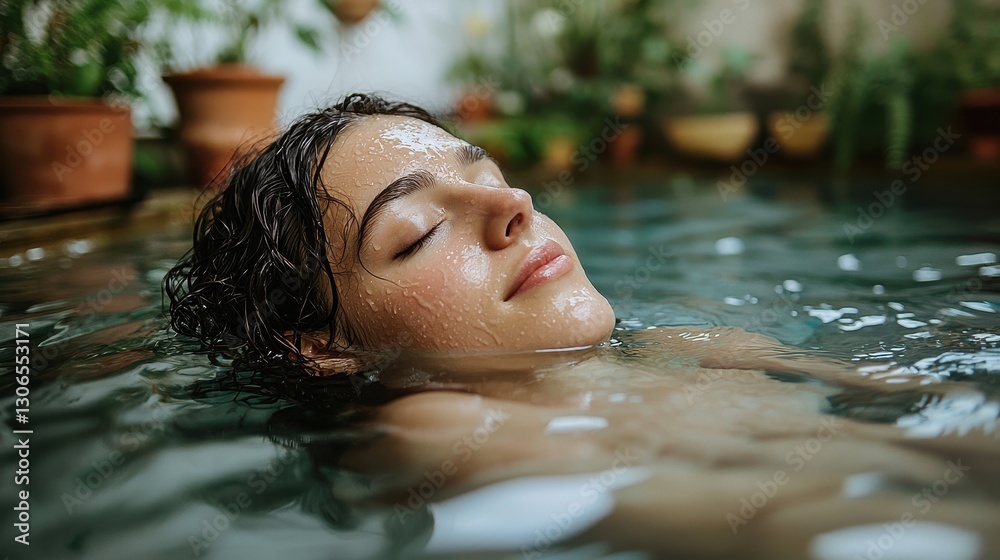 Fototapeta premium A serene scene captures a woman lying gracefully in calm, crystal-clear water, her hair floating around her like seaweed, as sunlight dances on the surface, creating a tranquil atmosphere.