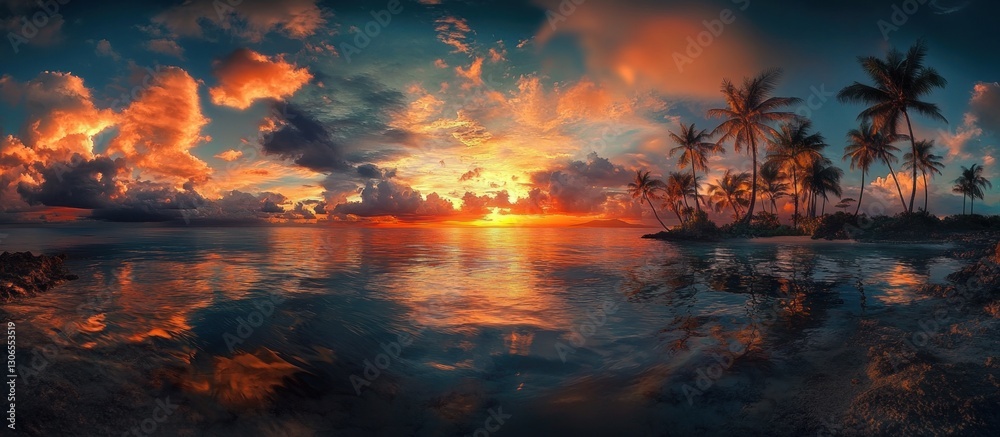 Fototapeta premium Dramatic tropical sunset over calm ocean with palm trees.