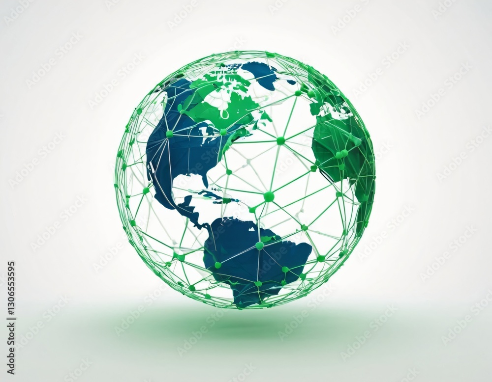 Stylized digital globe logo, featuring interconnected lines and dots to symbolize global connectivity and advanced technology, in cybernetic blue and digital green colors, white background Stylized digital globe logo, featuring interconnected lines and dots to symbolize global connectivity and advanced technology, in cybernetic blue and digital green colors, white background
