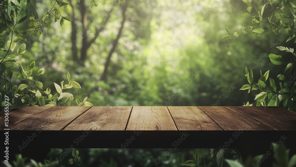 Naklejka premium Wooden table in lush forest background