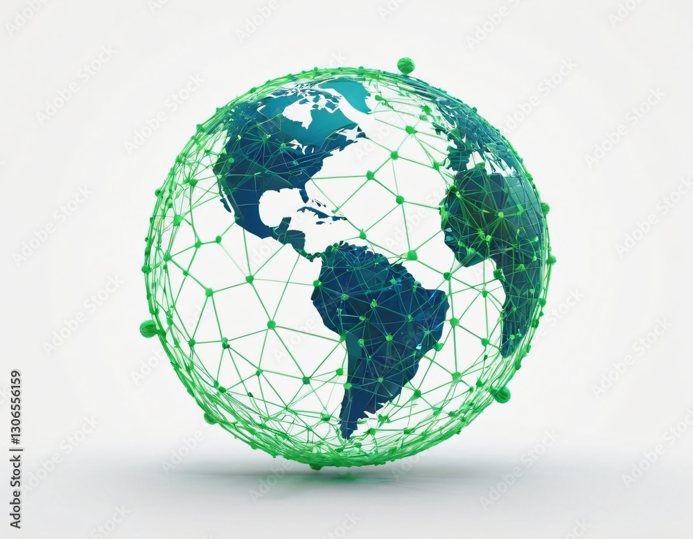Stylized digital globe logo, featuring interconnected lines and dots to symbolize global connectivity and advanced technology, in cybernetic blue and digital green colors, white background Stylized digital globe logo, featuring interconnected lines and dots to symbolize global connectivity and advanced technology, in cybernetic blue and digital green colors, white background