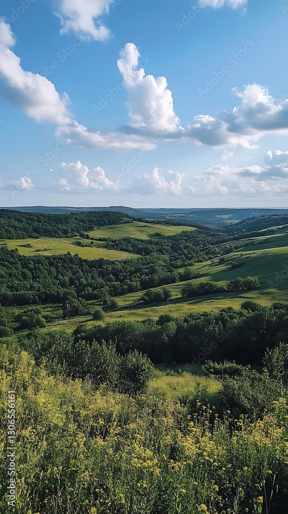 Fototapeta premium Meadow vista rolling hills under cloudy skies