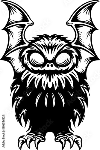 SVG vector features dark fantasy demons and monsters. Spooky Cartoon Owl with Bat Wings and Fierce Expression