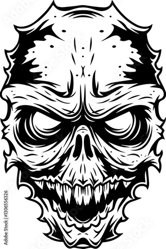 SVG vector features dark fantasy demons and monsters. Intricate Skull Design with Fiery Expression and Sharp Details