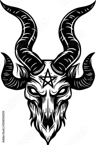 SVG vector features dark fantasy demons and monsters. Intricate Black and White Goat Skull Illustration with Horns