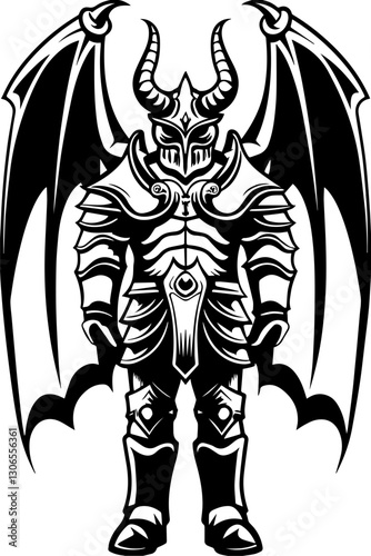 SVG vector features dark fantasy demons and monsters. Dark Fantasy Warrior with Wings and Imposing Armor