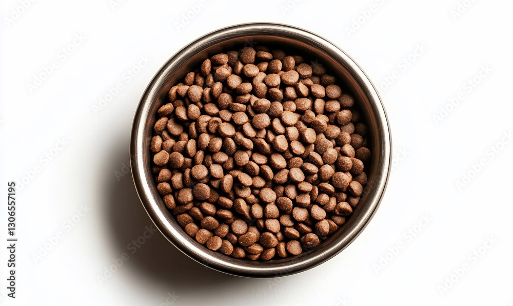 Brown kibble in metal bowl, white background (1)