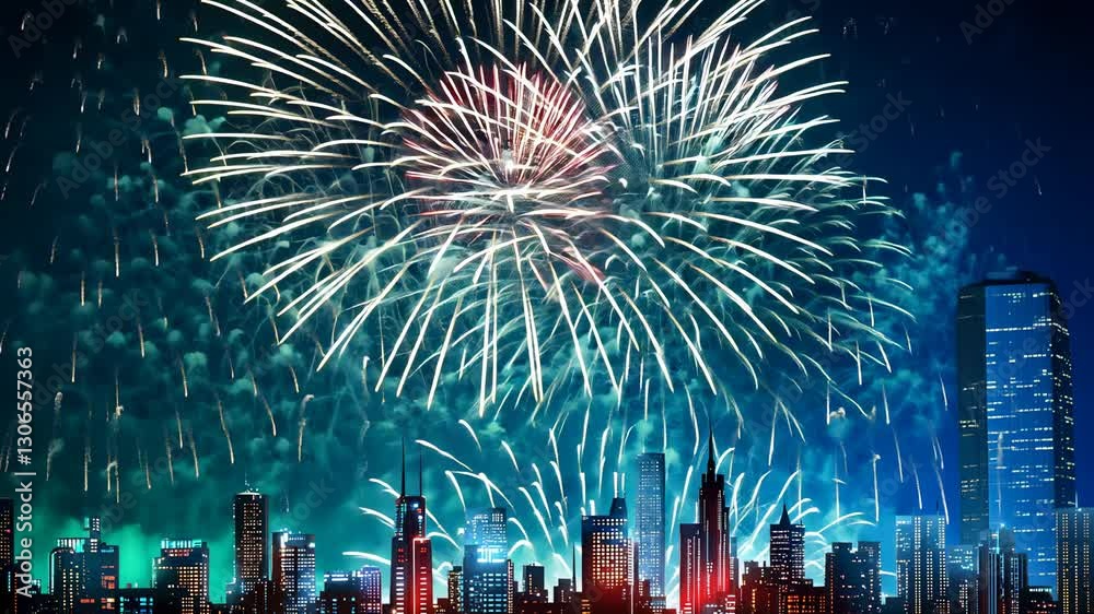 Colorful fireworks explode over a city skyline, illuminating the night sky in a vibrant display.