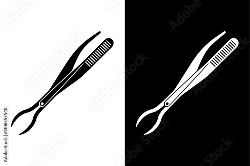 Minimalist Tweezers Silhouette Vector Icon – Black and White Background.