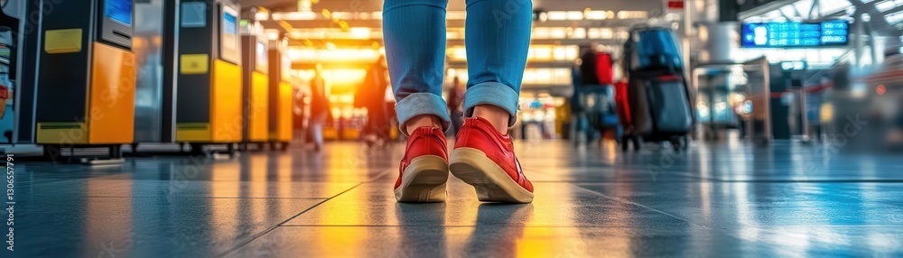 Fototapeta premium Vibrant Red Sneakers on Traveler's Feet at Airport Terminal