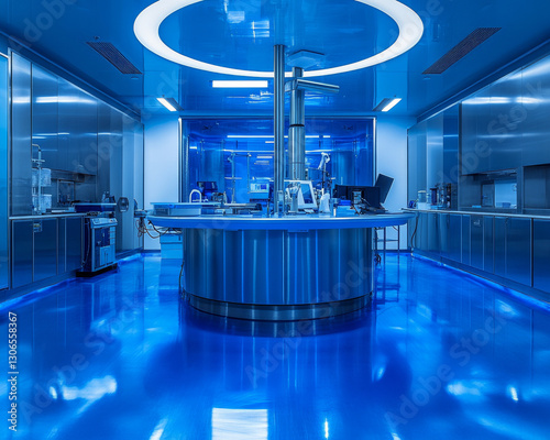 Immaculate blue-toned laboratory showcases a central workstation with state-of-the-art equipment, emphasizing cleanliness and precision.