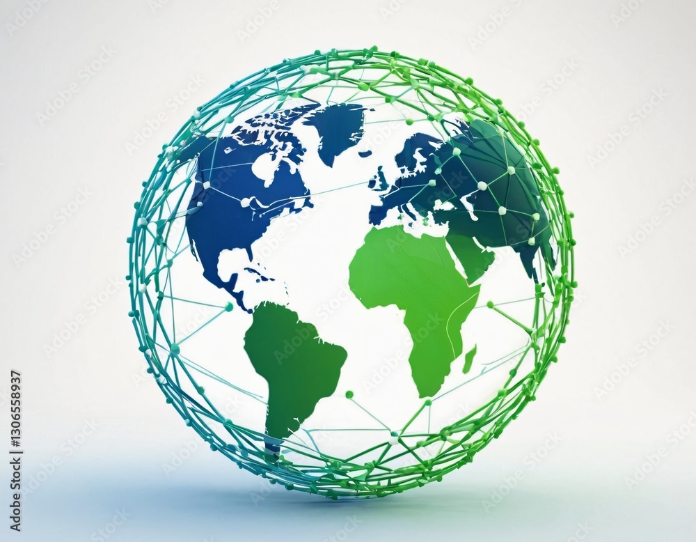 Stylized digital globe logo, featuring interconnected lines and dots to symbolize global connectivity and advanced technology, in cybernetic blue and digital green colors, white background Stylized digital globe logo, featuring interconnected lines and dots to symbolize global connectivity and advanced technology, in cybernetic blue and digital green colors, white background