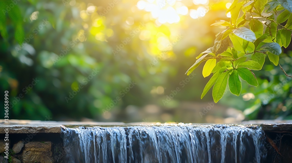 Fototapeta premium Small Waterfall in Lush Green Tropical Setting