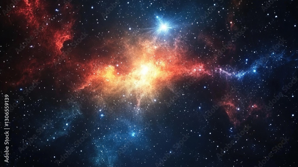 Fototapeta premium Fiery cosmic explosion with bright glowing galaxies and nebulae