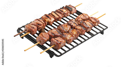 Grilled Pork Skewers on a Skewer Over Charcoal Fire isolated on a white background