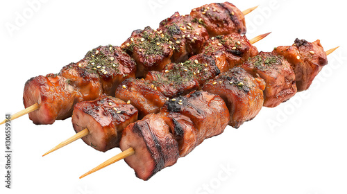 Grilled Pork Skewers on a Skewer Over Charcoal Fire isolated on a white background