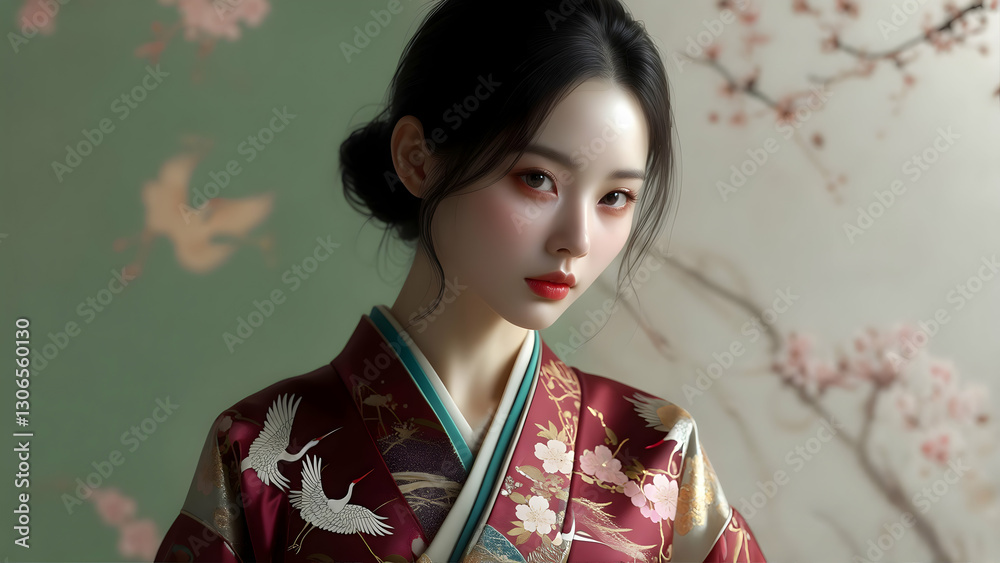 Graceful Young Woman in Luxurious Red Kimono with Crane Patterns Posing Serenely Under Cherry Blossoms at Dusk Graceful Young Woman in Luxurious Red Kimono with Crane Patterns Posing Serenely Under Cherry Blossoms at Dusk