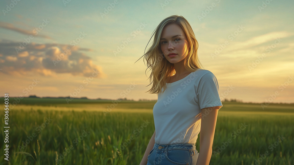 Smiling woman in a green field during summer, enjoying the outdoors and freedom, wearing a dress, with flowing hair and a joyful expression in a beautiful meadow under a blue sky Smiling woman in a green field during summer, enjoying the outdoors and freedom, wearing a dress, with flowing hair and a joyful expression in a beautiful meadow under a blue sky