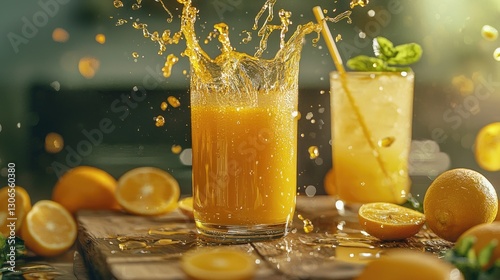A refreshing and vibrant food photography scene featuring a glass of freshly poured orange juice, with golden splashes cascading down its sides, capturing 