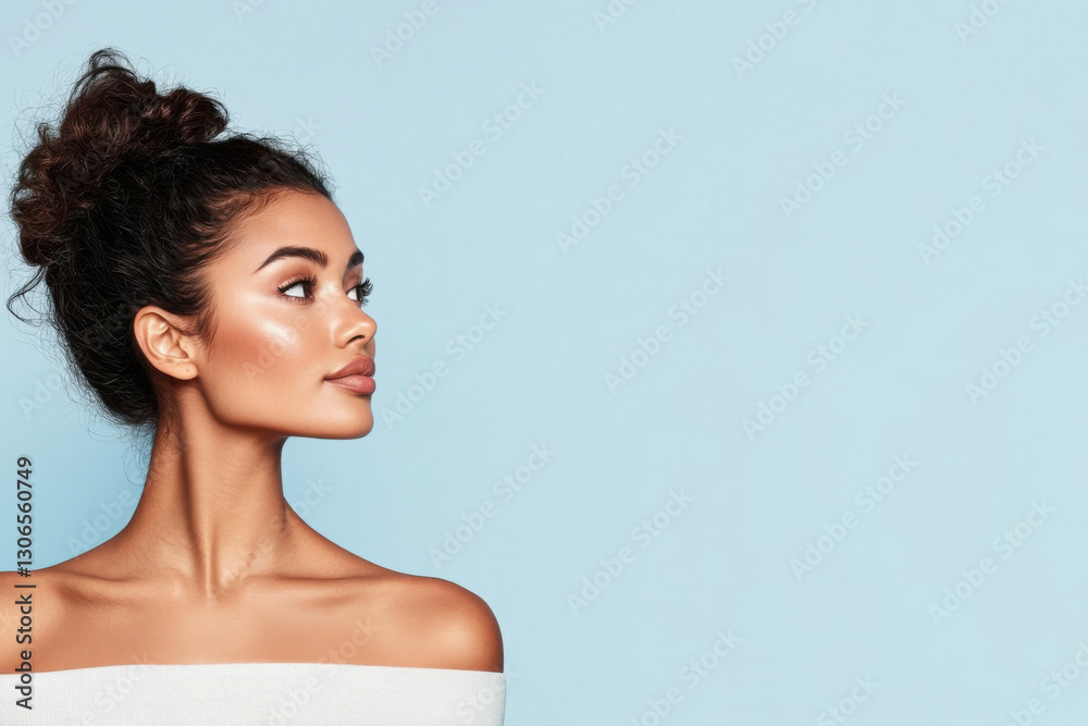Beautiful young woman with perfect skin posing on blue background Beautiful young woman with perfect skin posing on blue background
