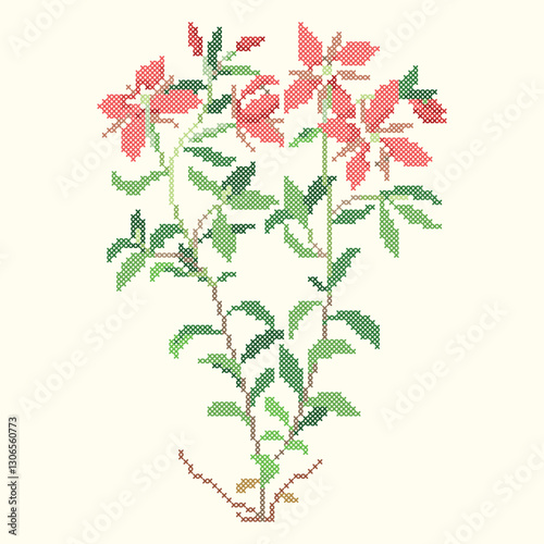 vector art cross stitch red flowers