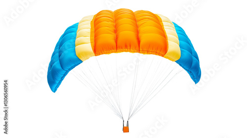 Colorful parachute with blue and orange segments isolated on a white background