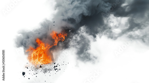 A fire is burning in the sky, with smoke and ash rising up isolated on a white background