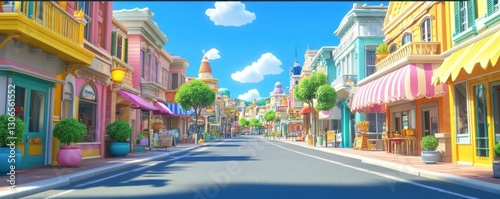 Vibrant Colorful Town Street Scene: A Whimsical Day in a Candy-Colored Town