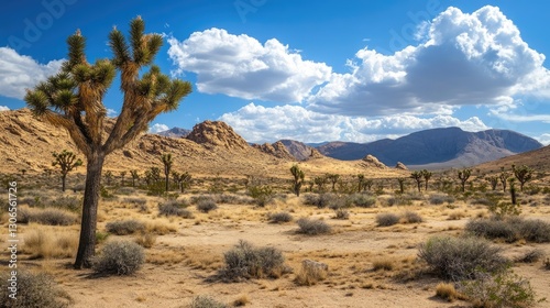 Desert landscape with Joshua trees under a bright blue sky
