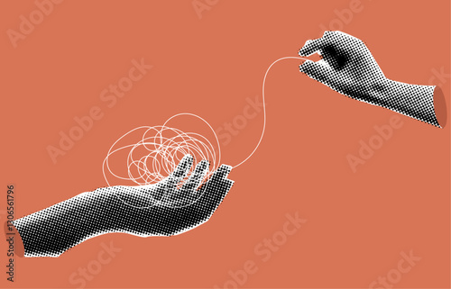Hand untangle messy line or simplify problem in retro halftone style