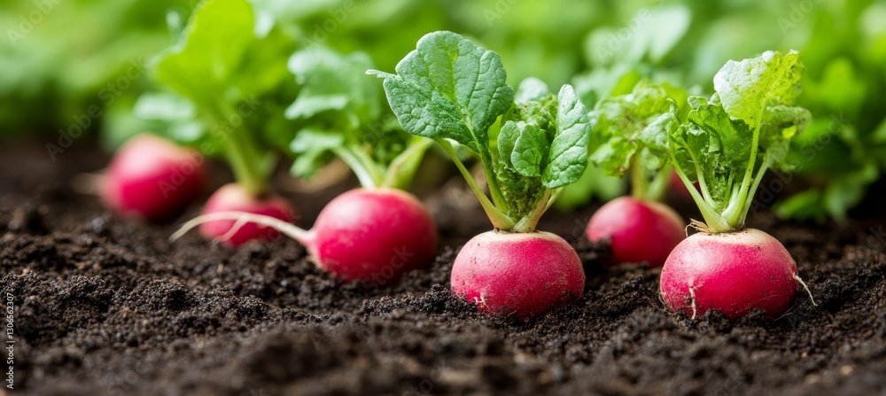 Fresh, Red Radishes Thrive in Garden Bed Vibrant Spring Vegetables Ready for Harvest