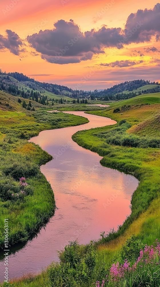 Fototapeta premium Serene Sunset River Landscape: A Breathtaking View of Nature's Beauty