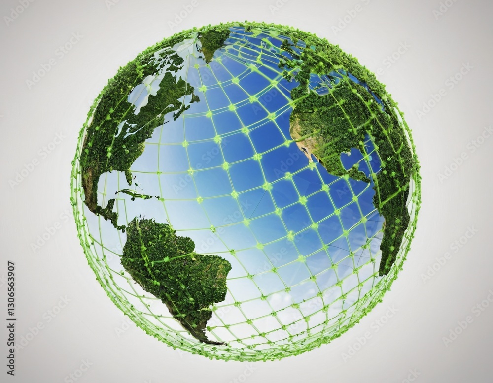 Stylized digital globe logo, featuring interconnected lines and dots to symbolize global connectivity and advanced technology, in cybernetic blue and digital green colors, white background Stylized digital globe logo, featuring interconnected lines and dots to symbolize global connectivity and advanced technology, in cybernetic blue and digital green colors, white background