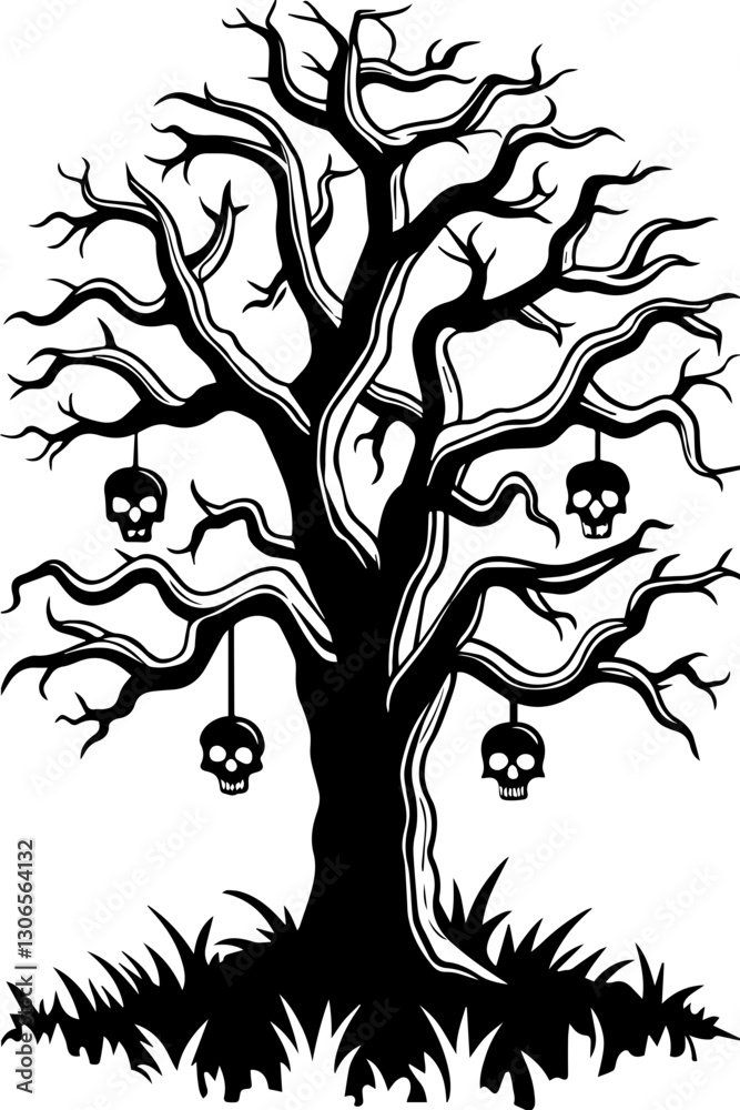 SVG vector features dark fantasy and occult magic. Spooky Tree with Hanging Skulls for Halloween Decoration SVG vector features dark fantasy and occult magic. Spooky Tree with Hanging Skulls for Halloween Decoration