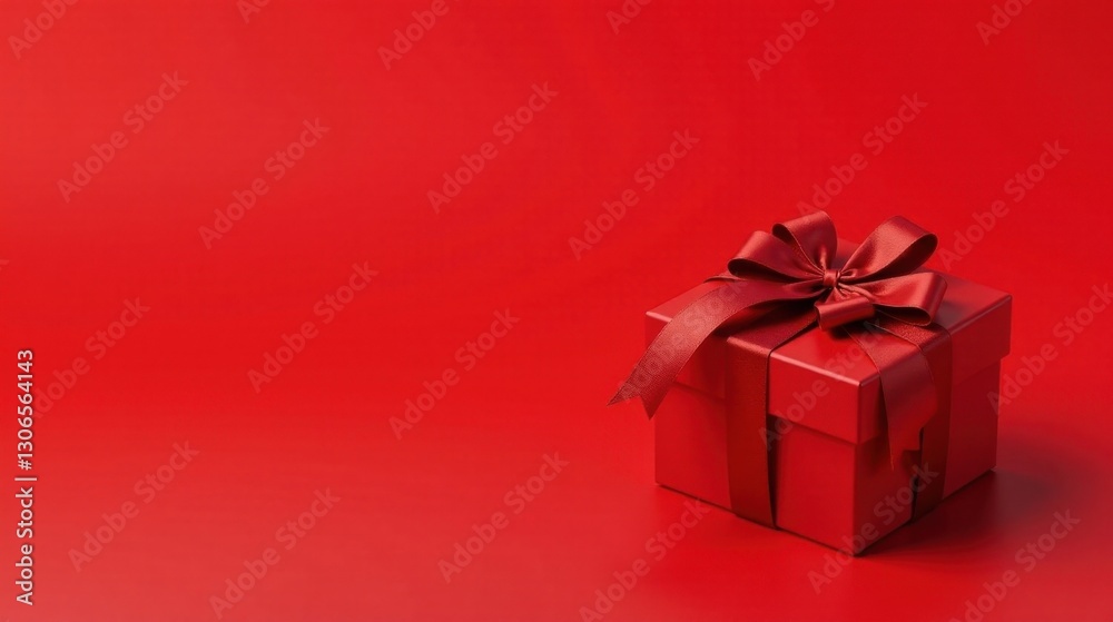 A single crimson gift box adorned with a rich burgundy ribbon, sits elegantly on a matching scarlet background, ready for a special occasion A single crimson gift box adorned with a rich burgundy ribbon, sits elegantly on a matching scarlet background, ready for a special occasion