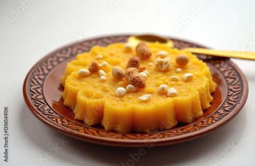 Moong Dal ka Halwa on plate. Traditional north indian winter dessert. Sweet yellow food decorated with nuts served on festive day or wedding. Homemade dessert. photo